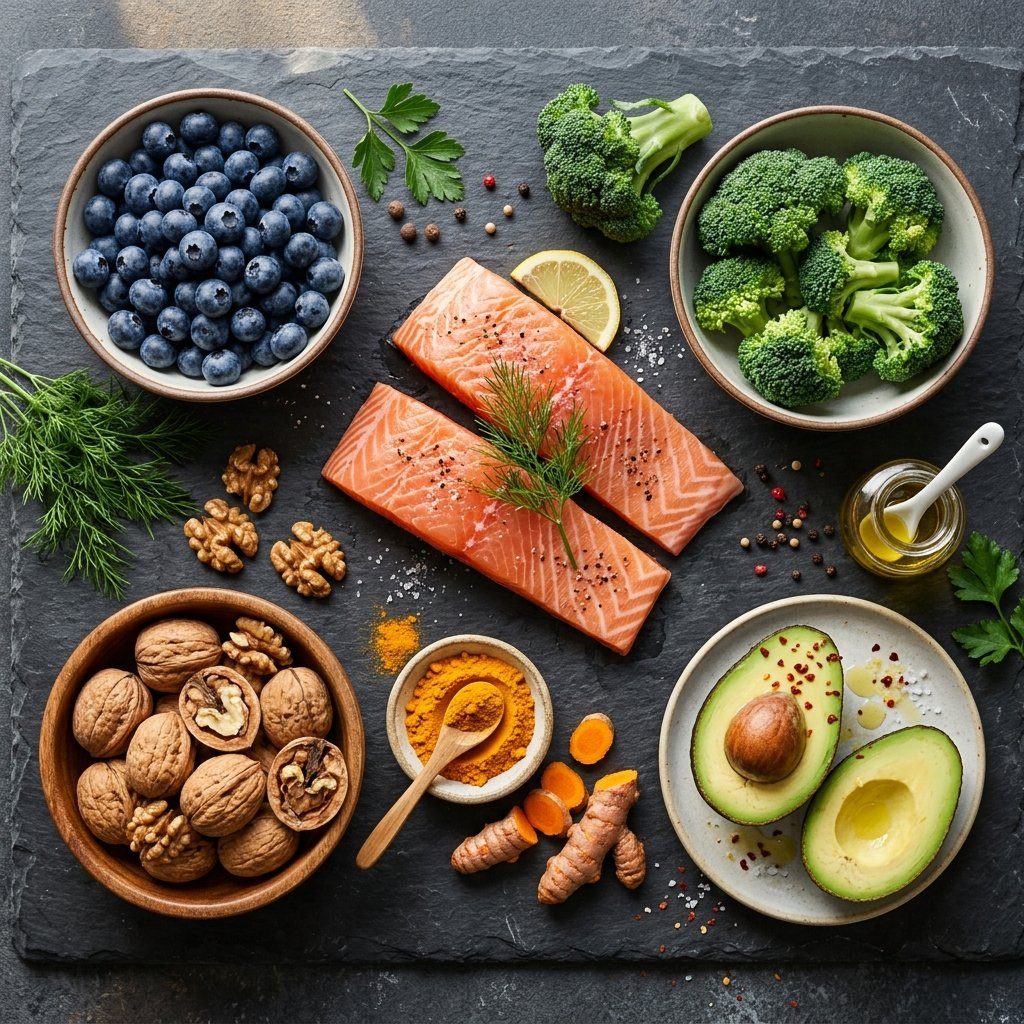 Anti-inflammatory foods: salmon, blueberries, broccoli, walnuts, turmeric, avocado
